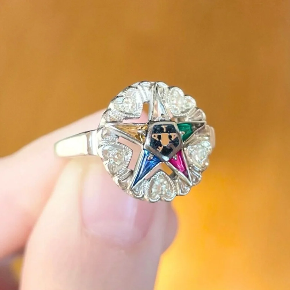 Vintage 10K White Gold Diamond Order of the Eastern Star Masonic Ring (Size 7.5) - Picture 6 of 10